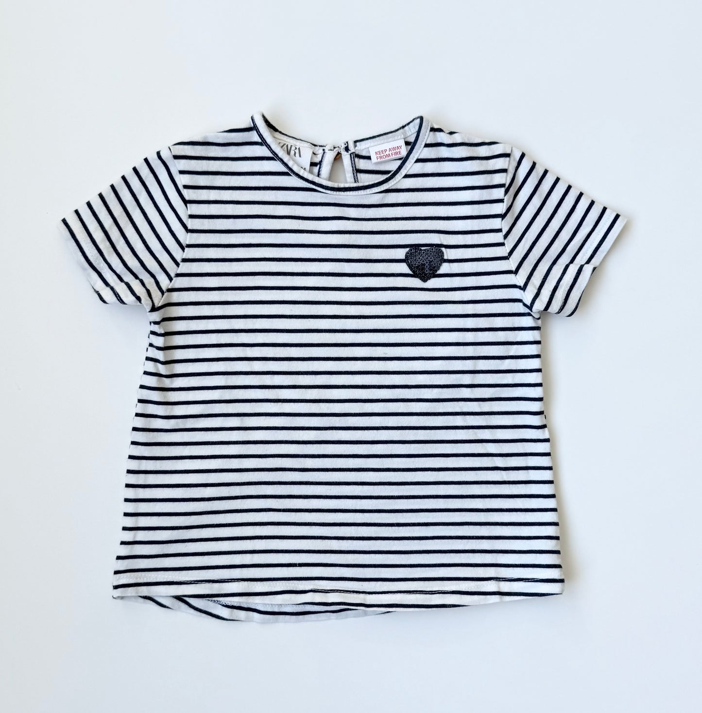 Zara Blue & White Stripped & Sparkle Heart T-Shirt (3-4 Years)