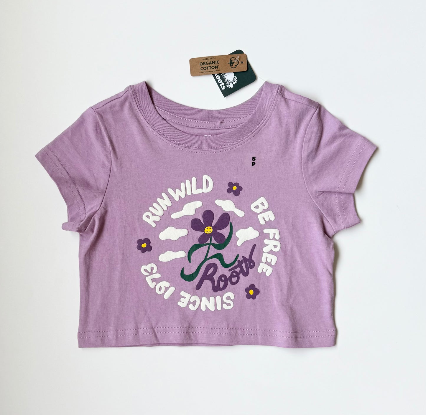 Roots Kids Purple “Run Wild” Flower Cropped T-Shirt - New (5-6 Years)