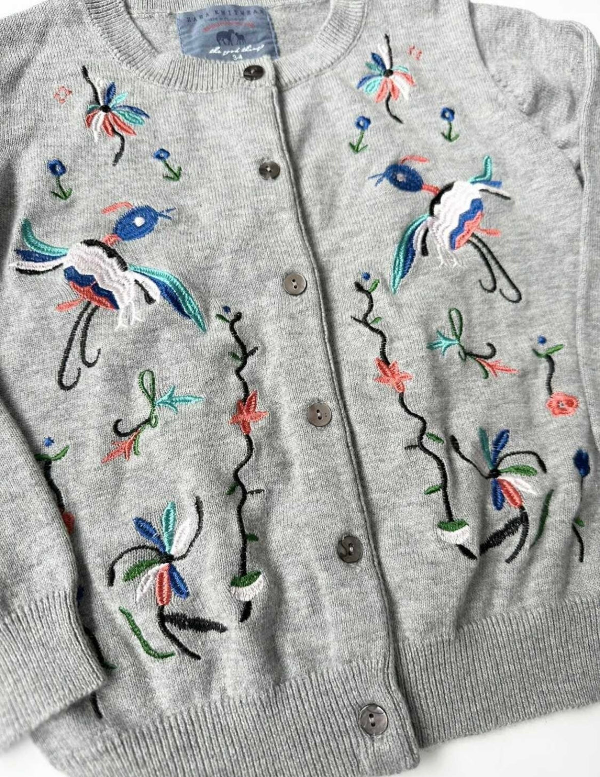 Zara Grey Embroidered Birds Cardigan (3-4 Years)