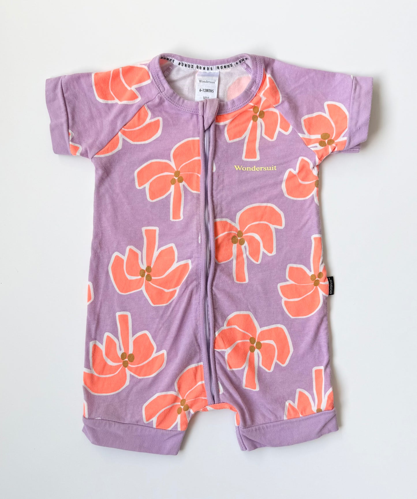 Bonds Wondersuit Purple & Orange Palm Trees Shorty Romper (6-12 Months)