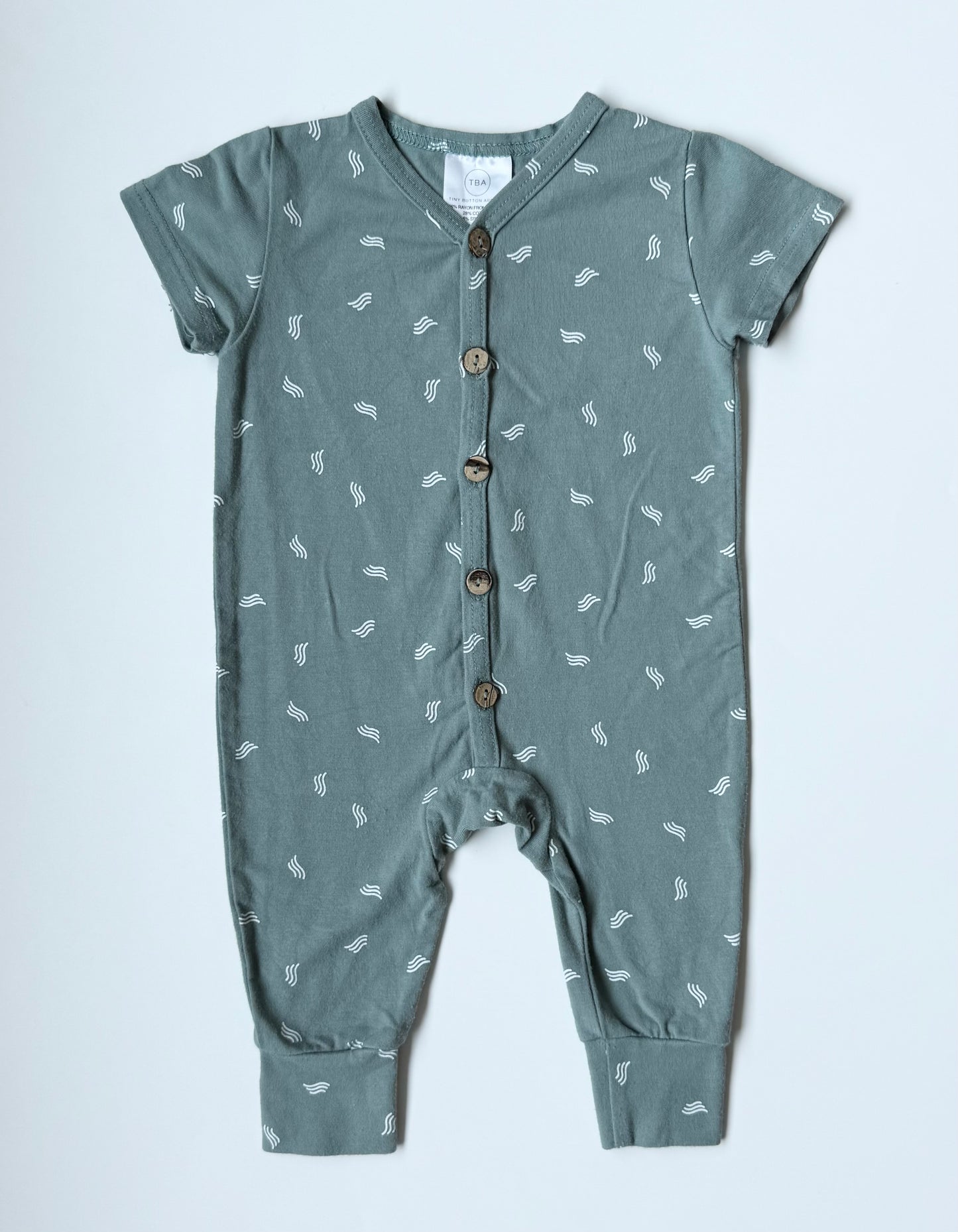 Tiny Button Apparel Green & White Squiggles Short Sleeve Jumpsuit (0-6 Months)