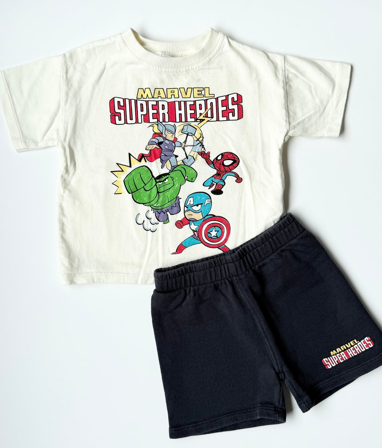 Zara x Marvel Super Heros White & Black Characters T-Shirt & Matching Shorts Set (18 Months)