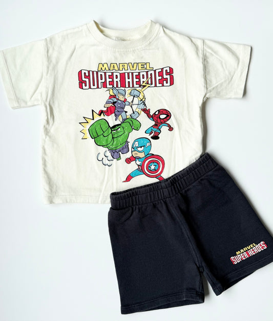 Zara x Marvel Super Heros White & Black Characters T-Shirt & Matching Shorts Set (18 Months)