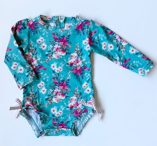 Ruffle Butts Dark Turquoise Floral Long Sleeve One Piece Swimsuit (12-18 Months)