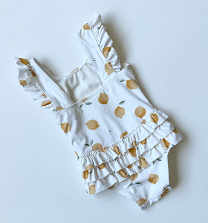 Petit Lem White Lemons Ruffle Shoulder One Piece Swimsuit (12-18 Months)