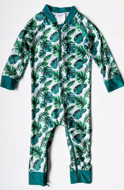 Honeysuckle Swim Green Jungle Leaves Full Coverage Sunsuit (2T)