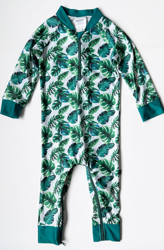 Honeysuckle Swim Green Jungle Leaves Full Coverage Sunsuit (2T)