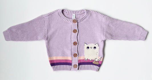 Souris Mini Purple Knit Cat Cardigan Sweater (6-9 Months)