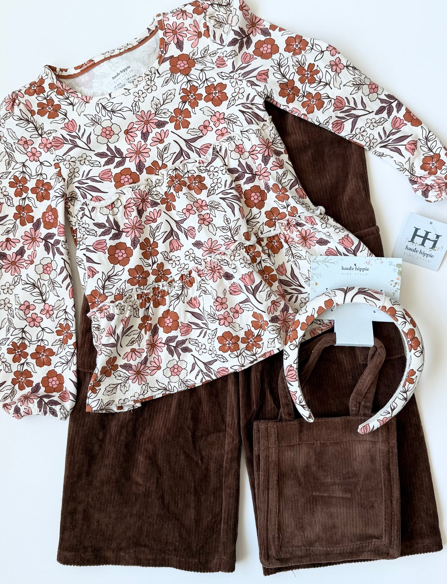 Haute Hippie Brown Corduroy & Retro Floral Tiered Long Sleeve, Pants & Accessories Set - New (4T)