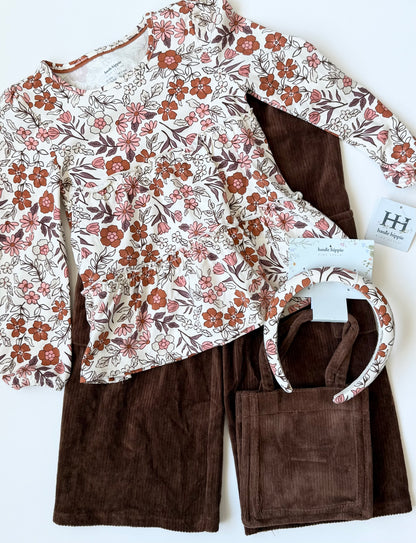 Haute Hippie Brown Corduroy & Retro Floral Tiered Long Sleeve, Pants & Accessories Set - New (4T)