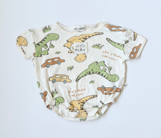 Kit & Pearl Off White Dinos & Cars “Let’s Play” Summer Bubble Romper (6-9 Months)