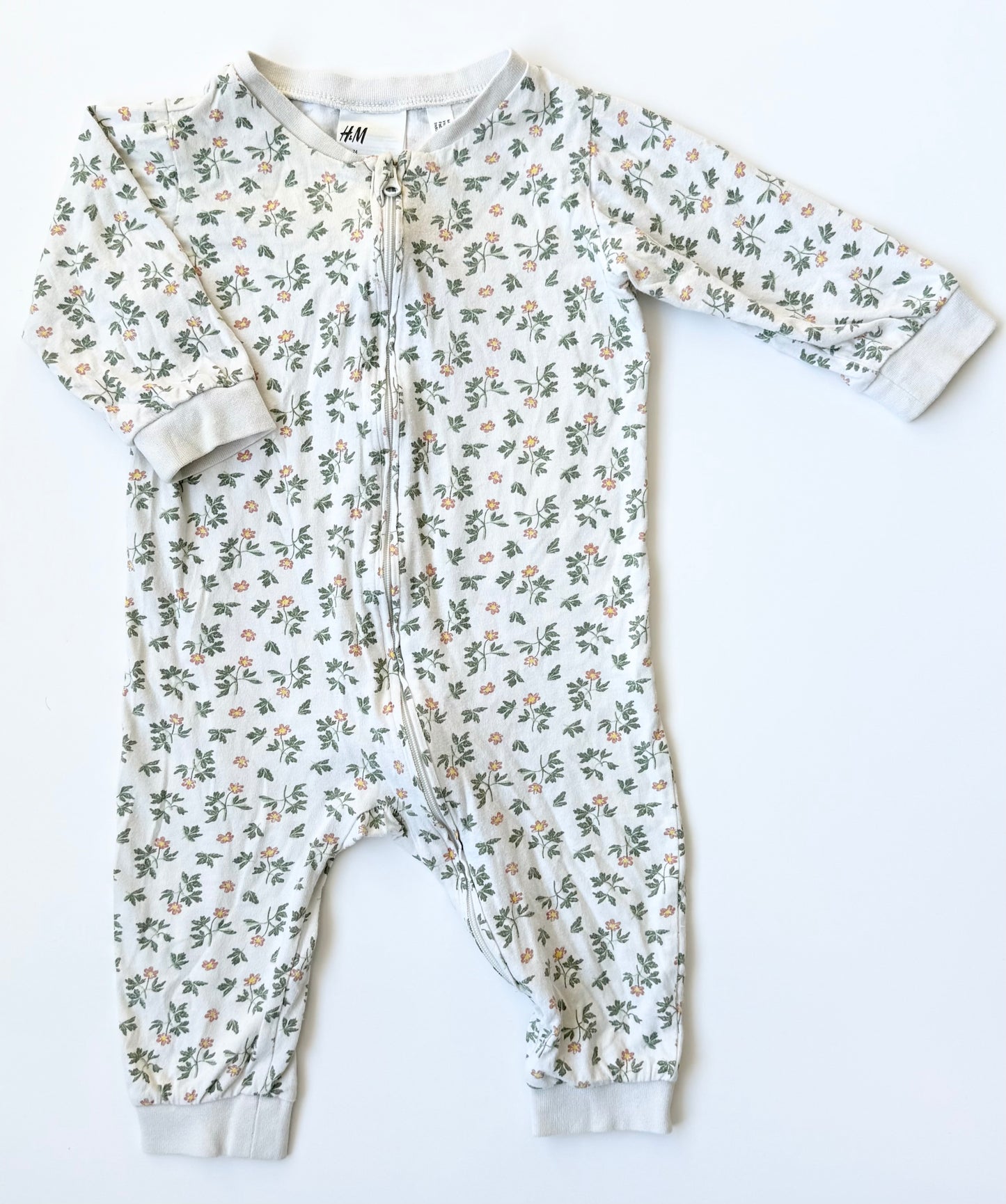 H&M White & Dainty Greenery Zipper Romper (6-9 Months)
