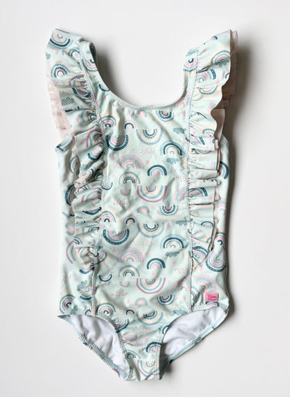 Ruffle Butts Light Blue Rainbows Ruffle Shoulder/Front One Piece Swimsuit (8 Years)