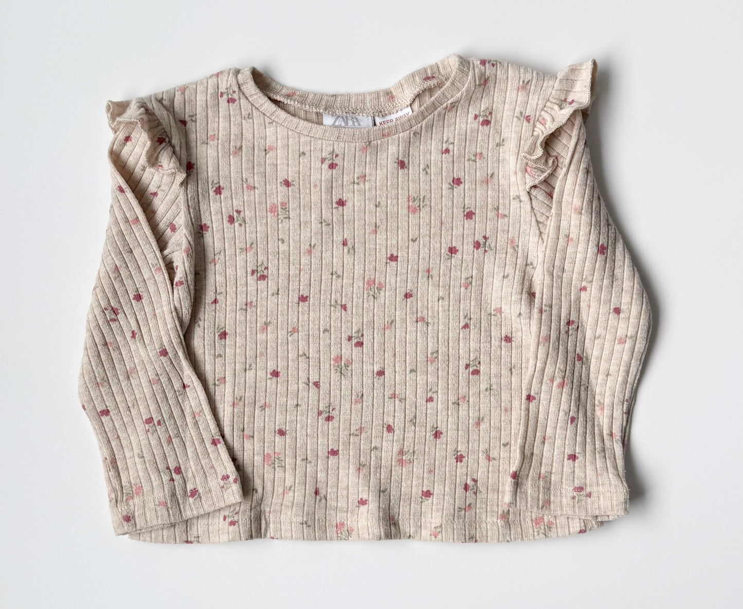 Zara Beige Dainty Pink Floral Ribbed Long Sleeve & Leggings Set (18-24 Months)
