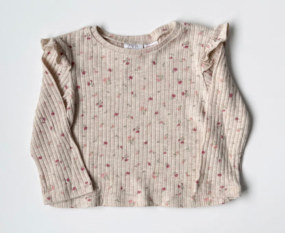Zara Beige Dainty Pink Floral Ribbed Long Sleeve & Leggings Set (18-24 Months)