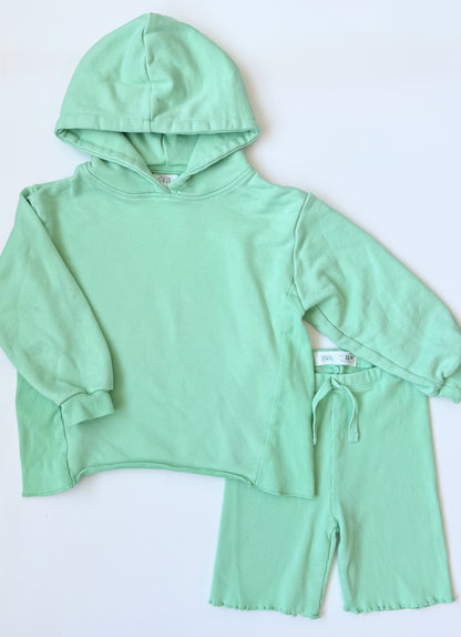Zara Bright Green Hoodie & Ribbed Biker Shorts Set (4-5 Years)