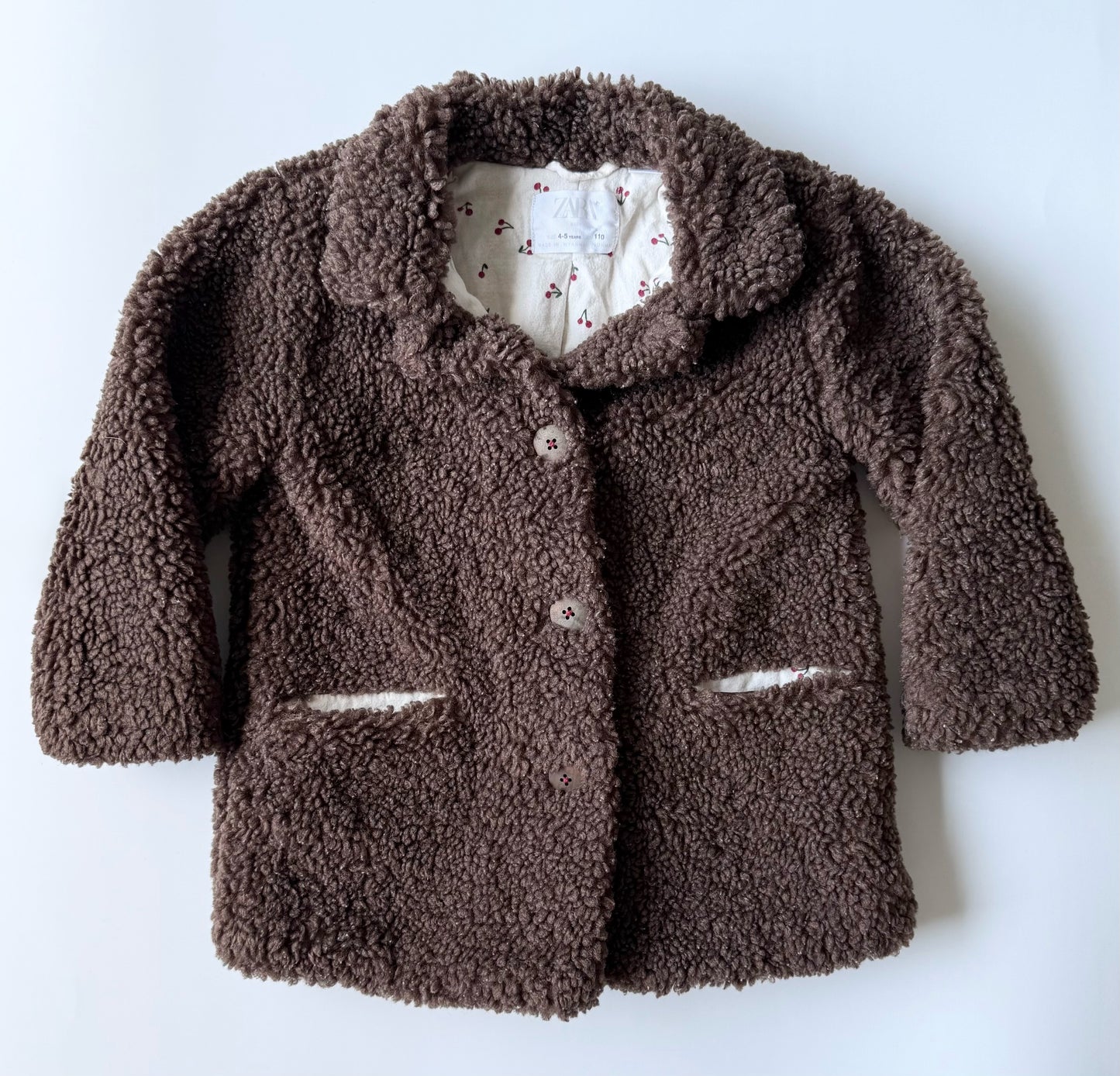 Zara Brown Teddy Bear Sherpa Cherries Jacket (4-5 Years)
