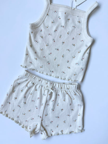 Quincy Mae White & Dainty Florals Tank Top & Shorts Matching Set - New (12-18 Months)