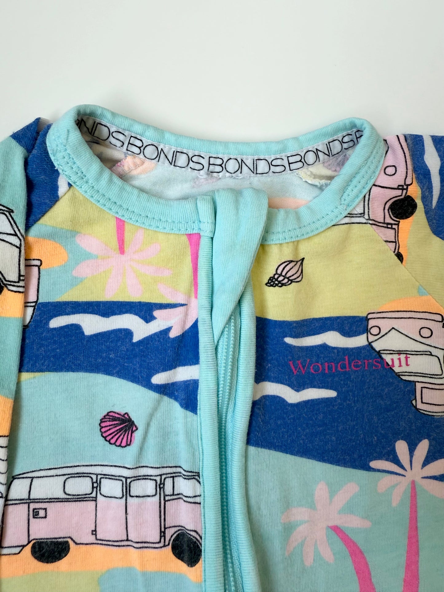 Bonds Wondersuit Blue & Neon Camper Van Sleeper Romper (3-6 Months)