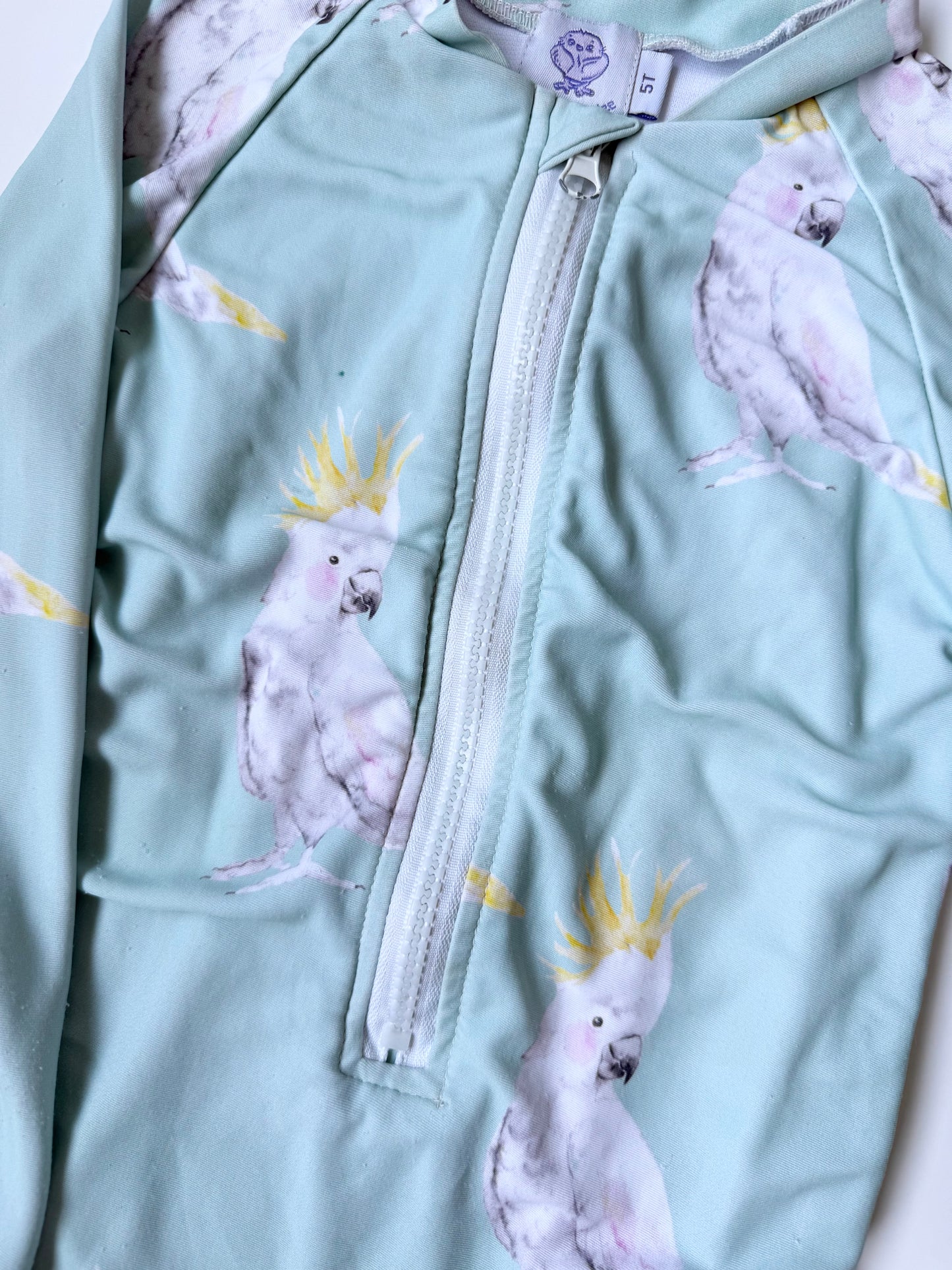 Cheeky Chickadee Light Green Parrot Long Sleeve Rashguard One Piece Swimsuit (5T)