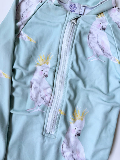 Cheeky Chickadee Light Green Parrot Long Sleeve Rashguard One Piece Swimsuit (5T)