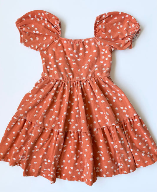 Alice + Ames Orange & White Dainty Flowers Short Puff Sleeve Tiered Juliet Dress (4T)