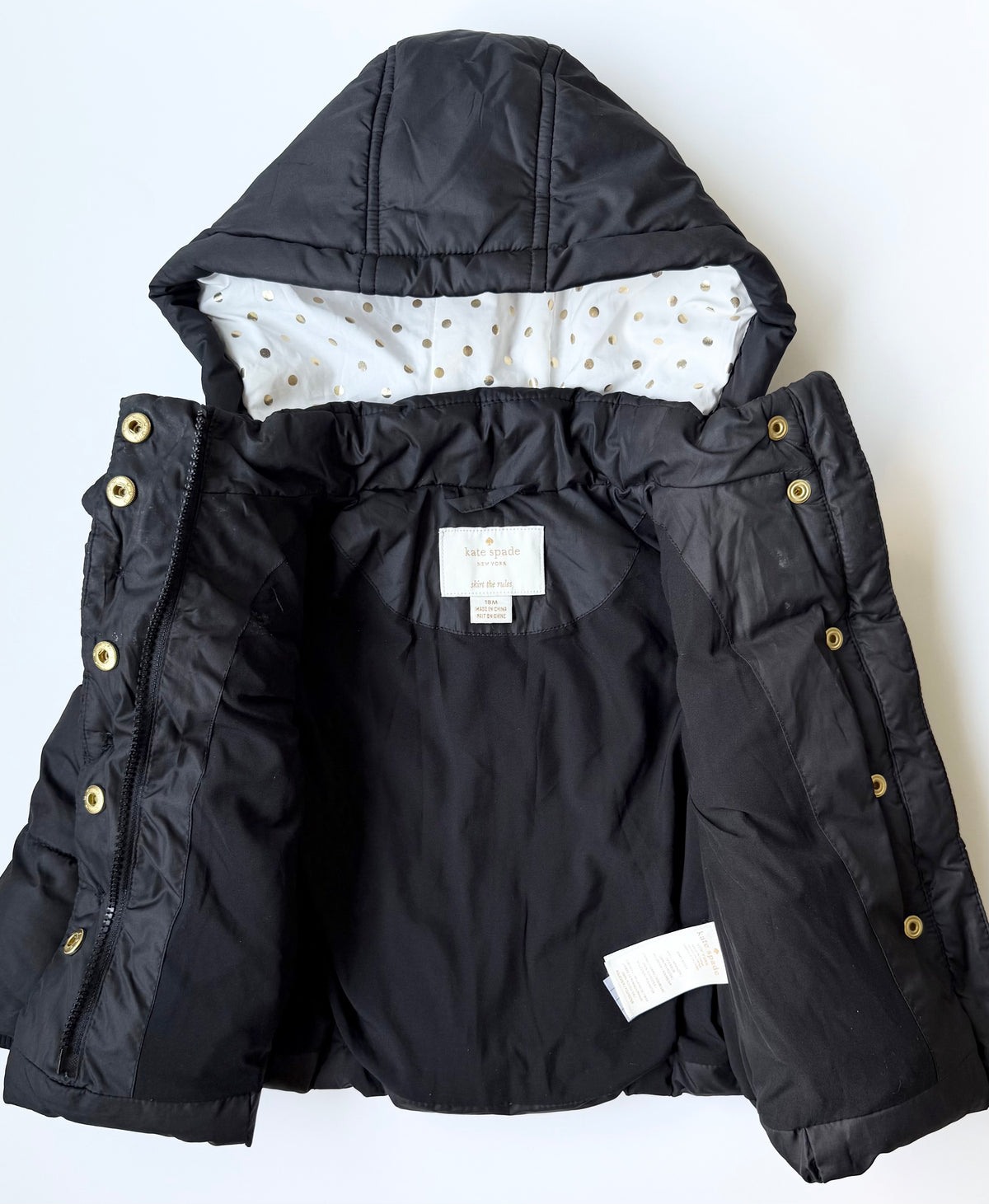 Kate Spade Black & Gold Polkadot Interior Puffer Jacket (18 Months)