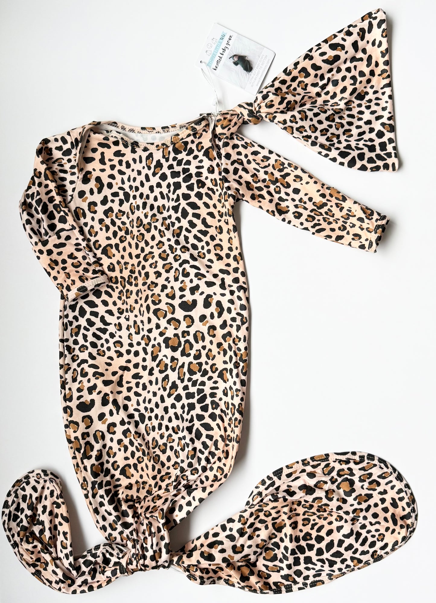 Three Little Tots Cheetah Knotted Gown & Matching Hat - New (0-3 Months)