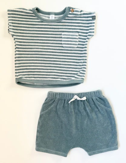 Modern Moments Blue & White Stripped Terry T-Shirt & Shorts Set (24 Months)