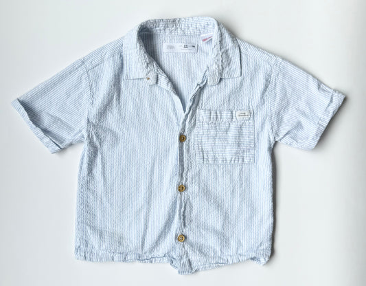 Zara Blue & White Striped Light Collared Short Sleeve Button Up (3-4 Years)