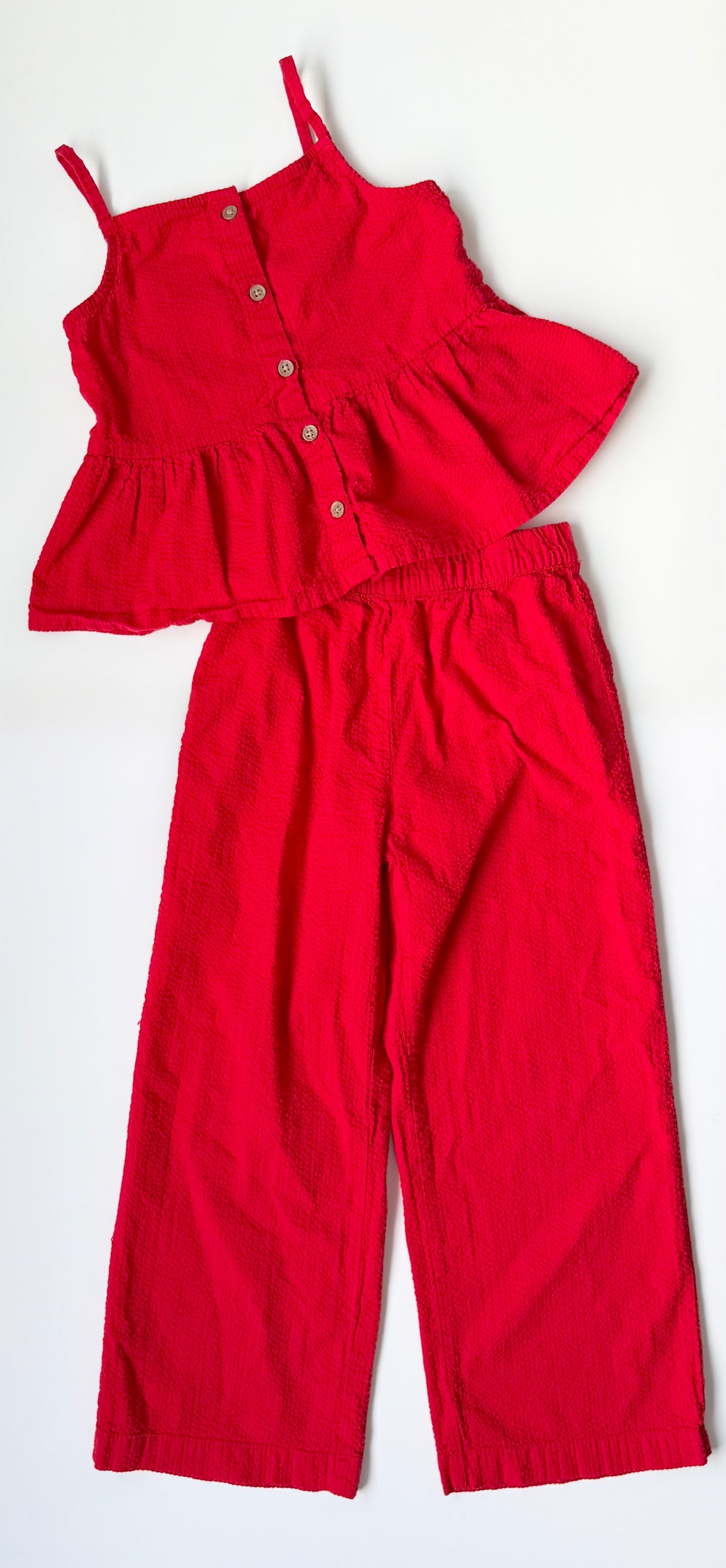 H&M Red Textured Cropped Button Front Peplum Tank & Pants Set (6-7 Years)