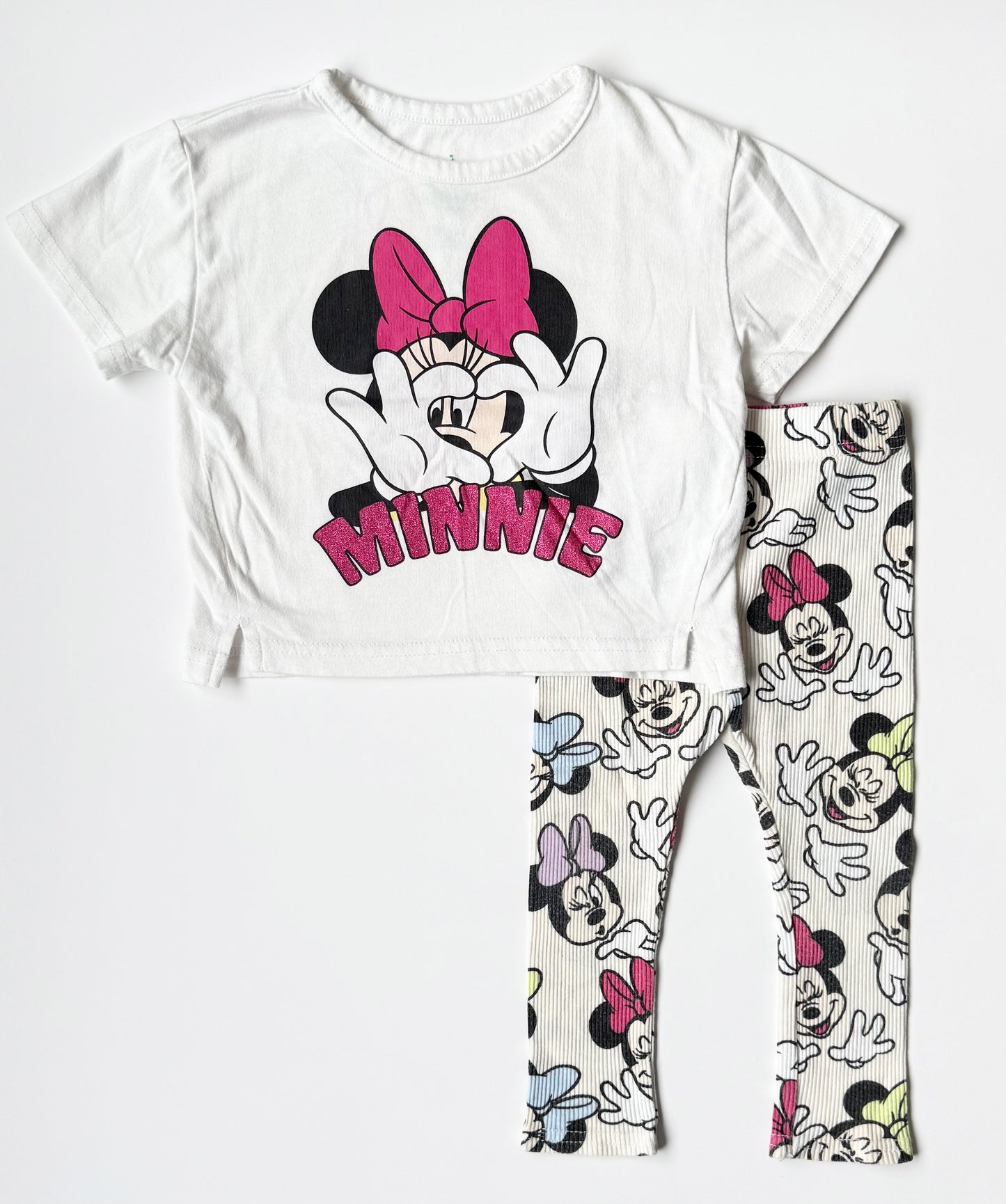 Disney Baby White Minnie Mouse T-Shirt & Ribbed Leggings Matching Set (18 Months)