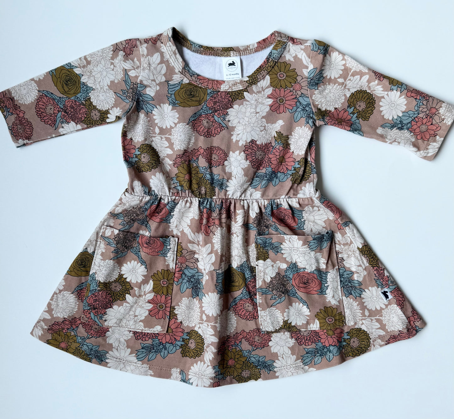 Little & Lively Tan Floral 3/4 Sleeve Pocket Dress (6-12 Months)