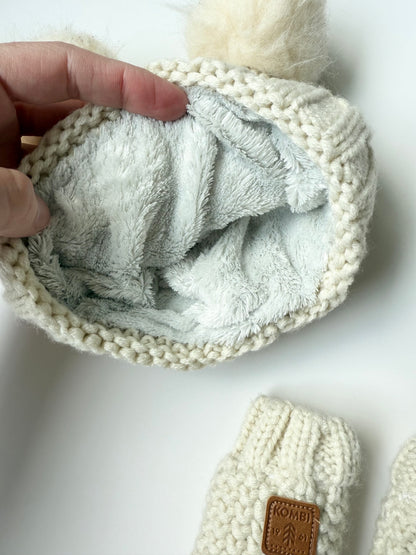 Kombi White Knit Double Pom Toque & Matching Mittens (3-9 Months)