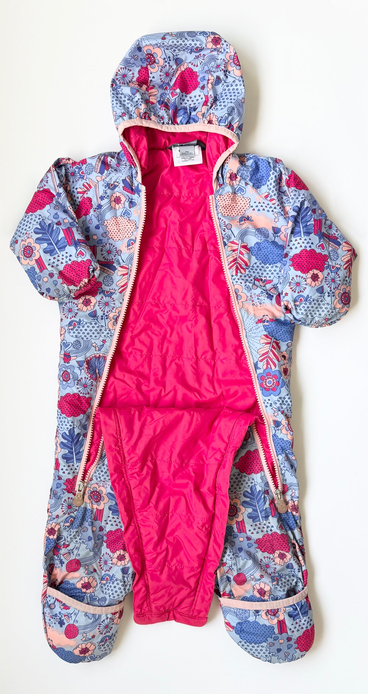 MEC Cocoon Bundle Up Blue & Pink Demask Floral Puffer Bunting Suit (12 Months)