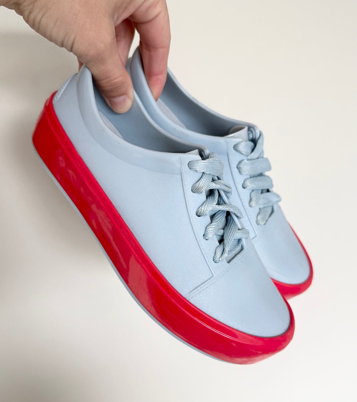 Mini Melissa Light Blue & Coral Trim Lace Up Sneakers (Kids 1)