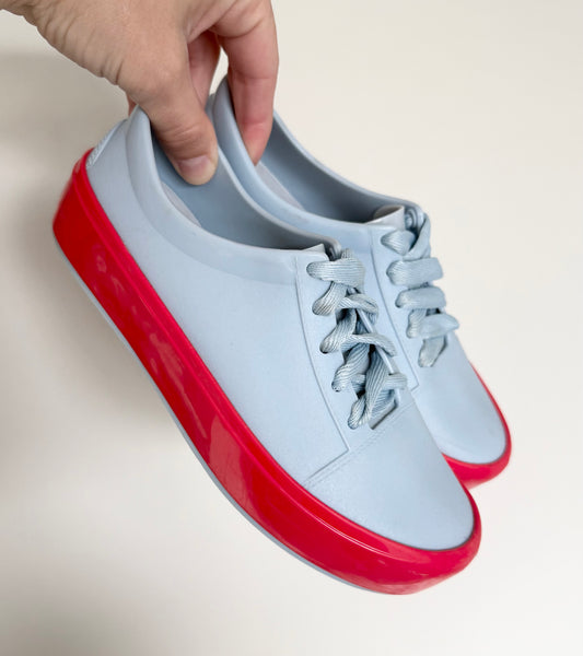 Mini Melissa Light Blue & Coral Trim Lace Up Sneakers (Kids 1)