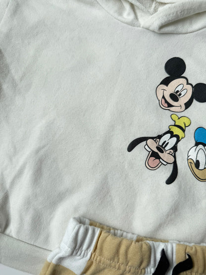 Disney Baby White & Yellow Checkered Disney Characters Short Sleeve Hoodie & Shorts Matching Set (18 Months)