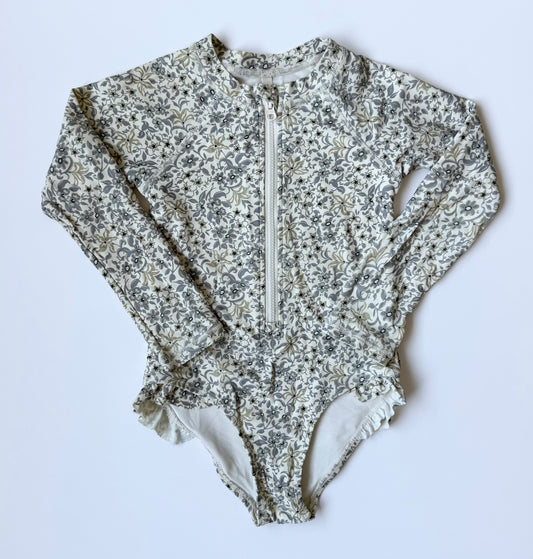 Rylee & Cru Grey Dainty Floral Long Sleeve One Piece Swimsuit (2-3 Years)