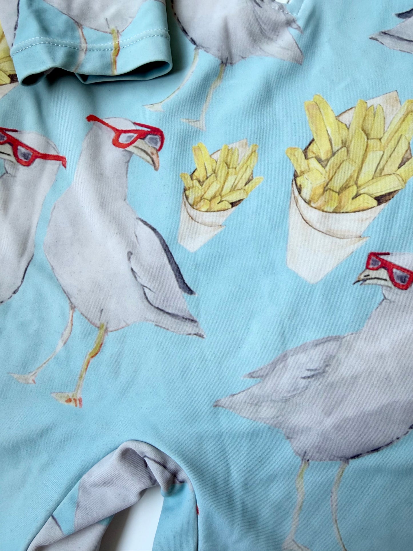 Cheeky Chickadee Light Blue Seagull Fries Long Sleeve Rashguard One Piece Swimsuit (5T)