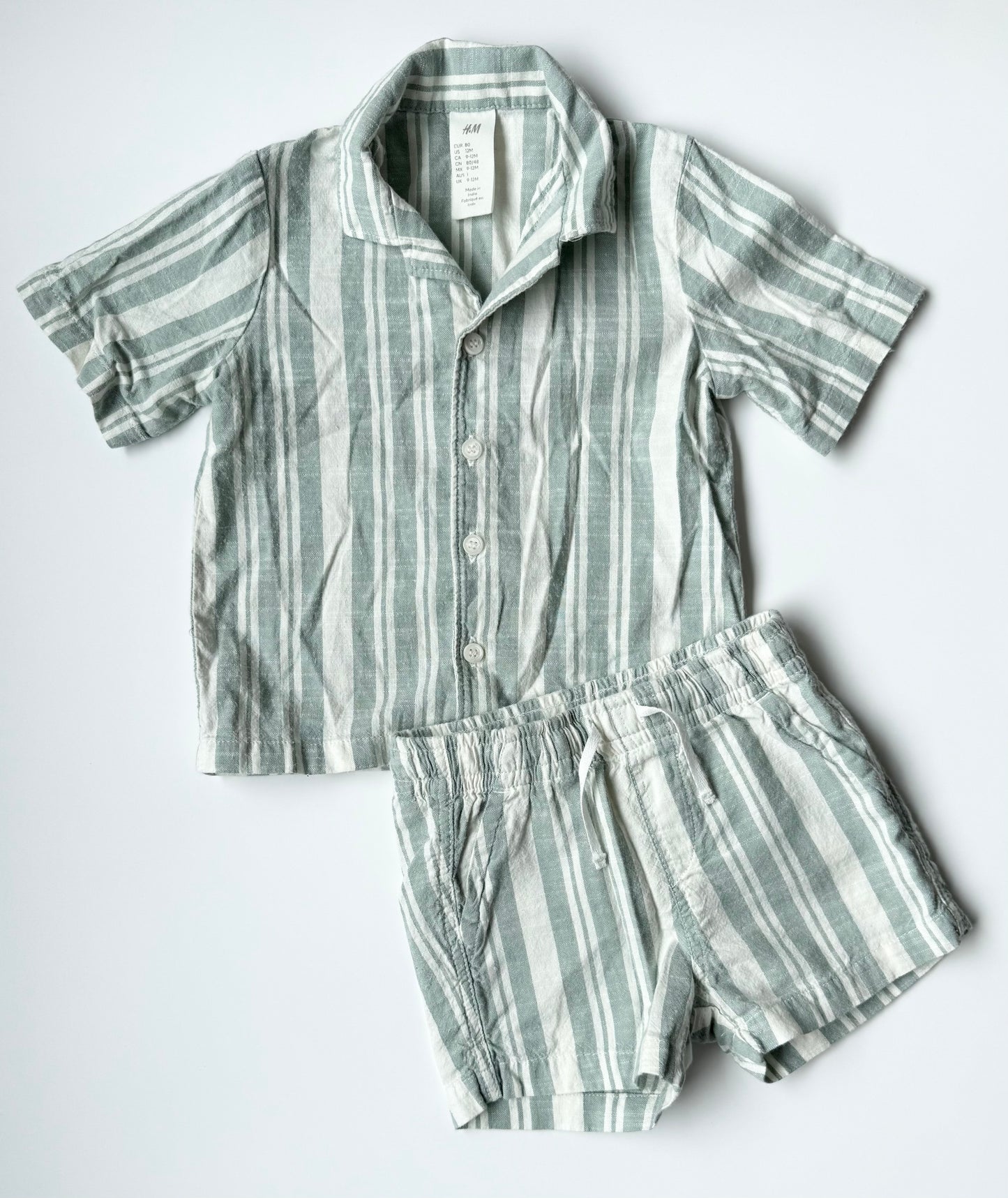H&M Light Green & White Striped Linen Collared Short Sleeve & Matching Shorts Set (9-12 Months)