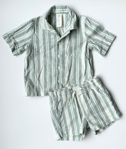 H&M Light Green & White Striped Linen Collared Short Sleeve & Matching Shorts Set (9-12 Months)