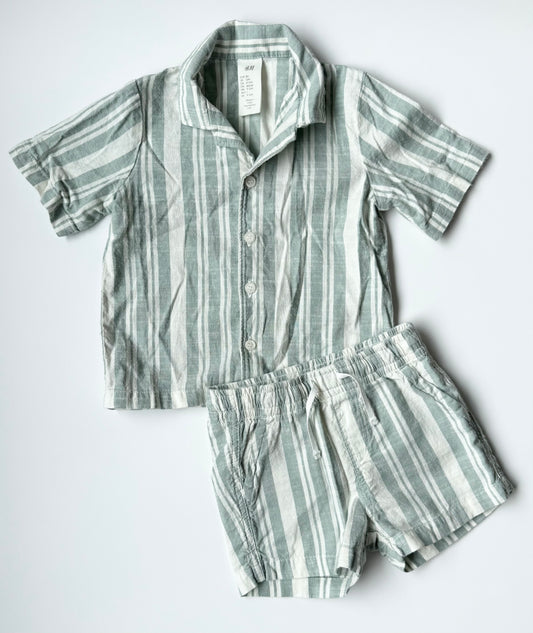 H&M Light Green & White Striped Linen Collared Short Sleeve & Matching Shorts Set (9-12 Months)