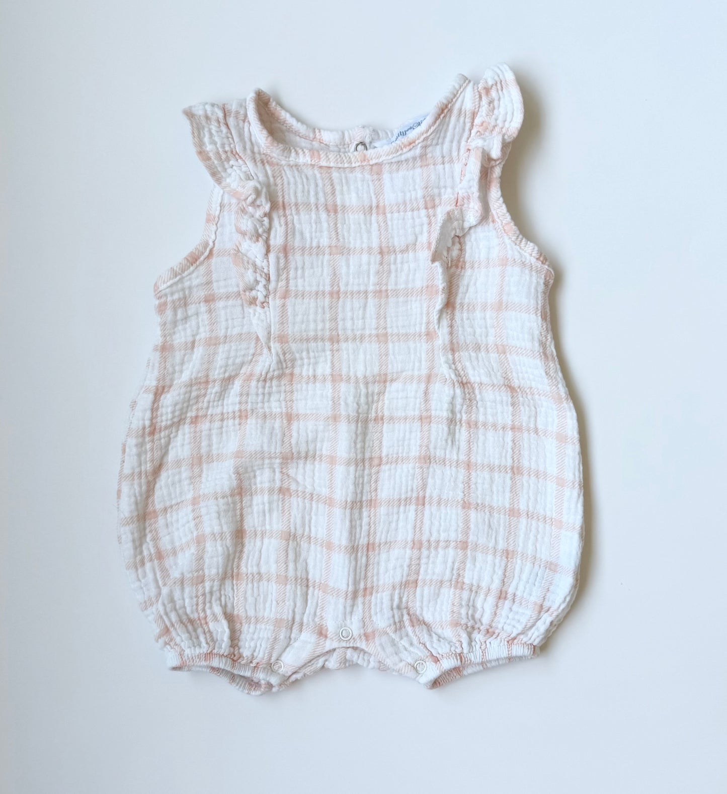 Emily & Oliver Pink & White Plaid Muslin Summer Romper (12 Months)
