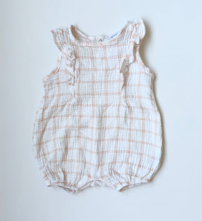 Emily & Oliver Pink & White Plaid Muslin Summer Romper (12 Months)