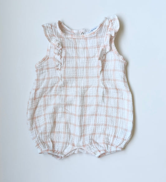Emily & Oliver Pink & White Plaid Muslin Summer Romper (12 Months)