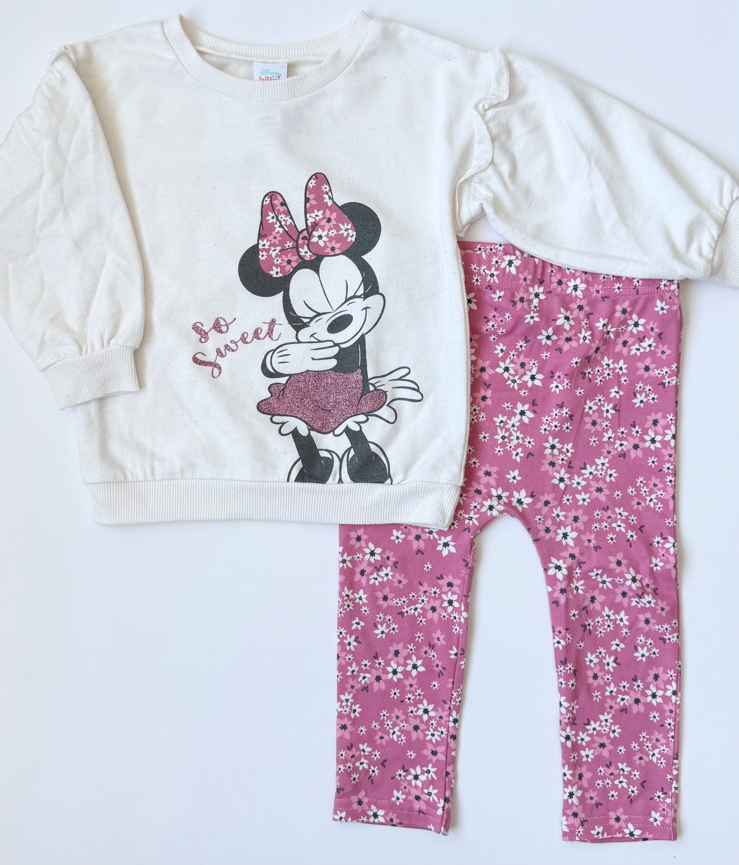 Disney Baby White & Pink Minnie Mouse Floral Sweater & Leggings Set (18-24 Months)