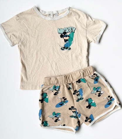 H&M x Disney Tan Surfing Mickey T-Shirt & Matching Shorts Set (18-24 Months)
