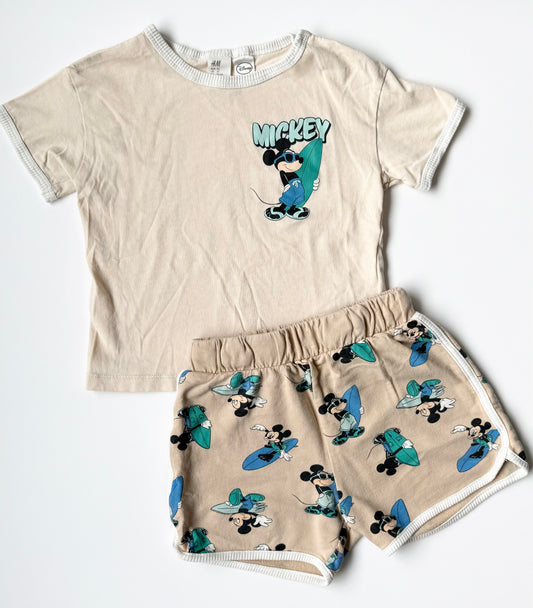 H&M x Disney Tan Surfing Mickey T-Shirt & Matching Shorts Set (18-24 Months)