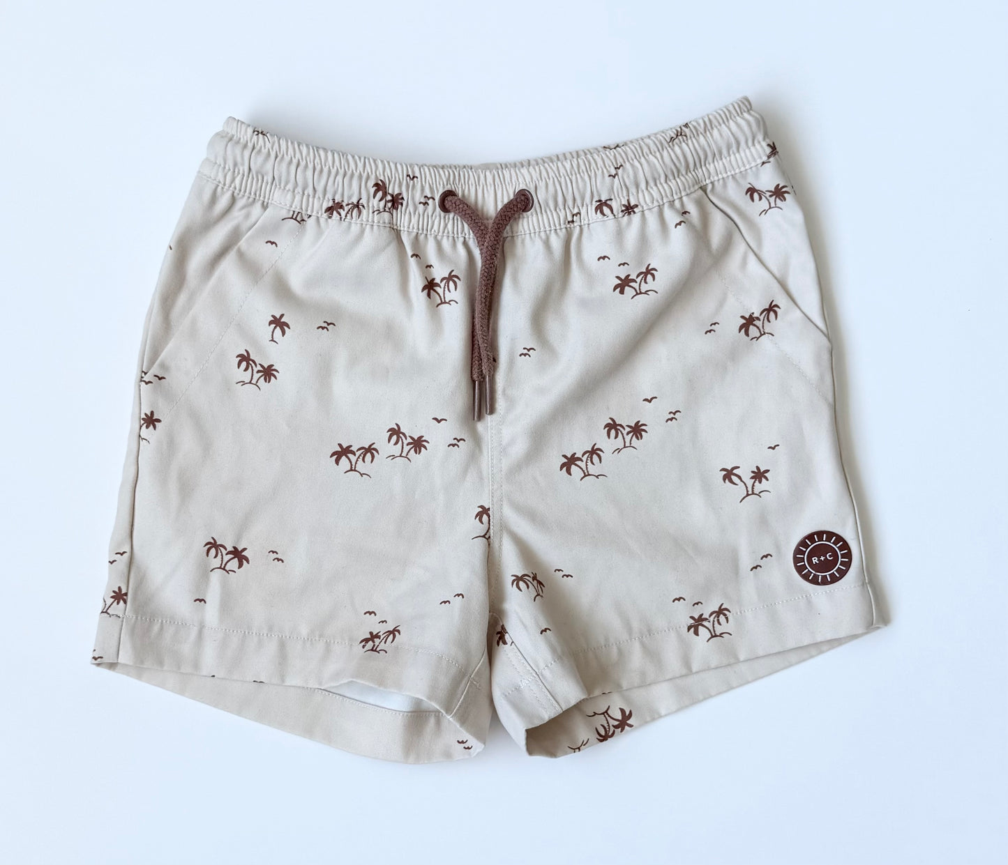 Rylee & Cru Beige Palm Trees Swim Trunks (2-3 Years)